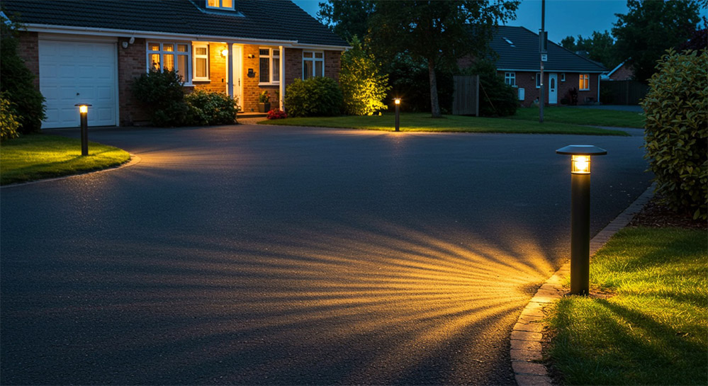 Solar-powered bollard lights lighting up a driveway entrance,