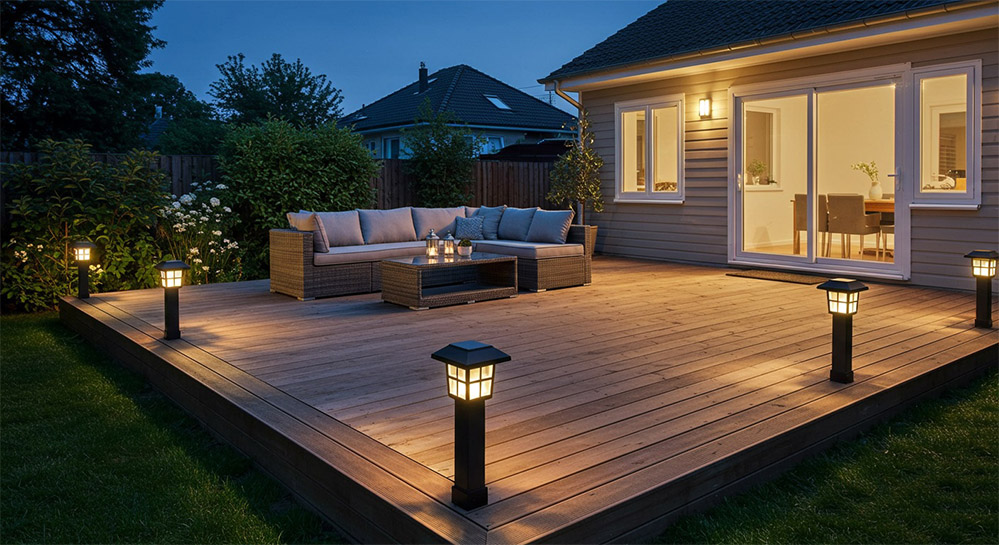 A wooden backyard deck at twilight with black solar post cap lights glowing softly on each corner post, outlining the space with warm light.