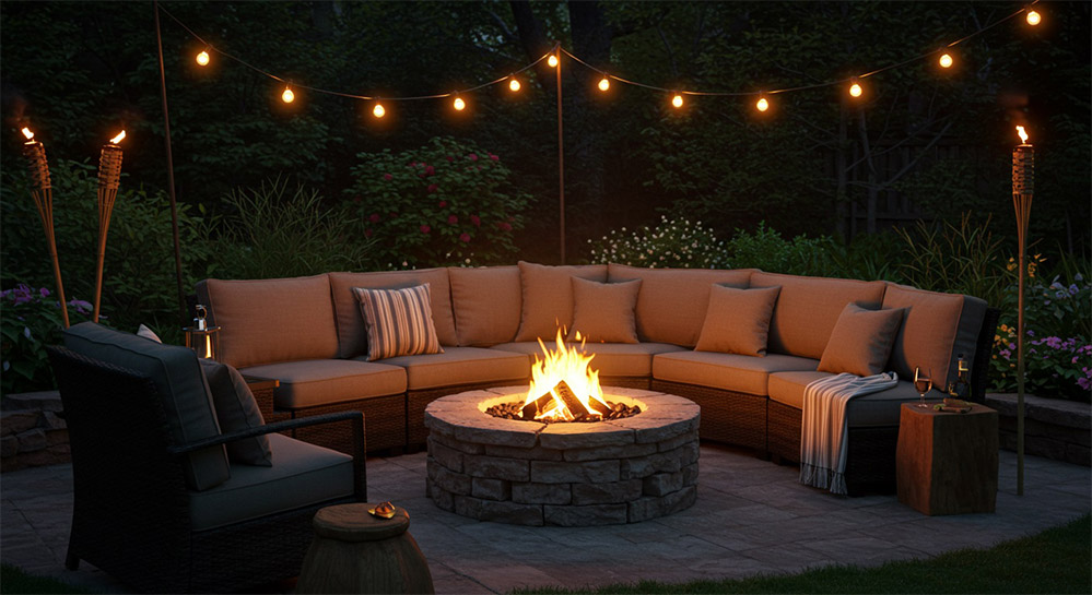 Cozy backyard fire pit surrounded by seating, with warm string lights