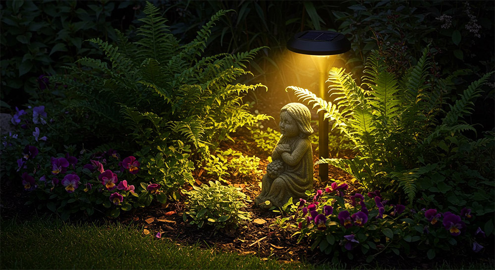 Solar garden spotlight casting dramatic light onto a small garden statue surrounded by ferns and flowers.