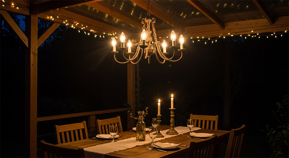 A covered patio at night featuring a vintage-style outdoor chandelier hanging above a rustic dining table set for dinner