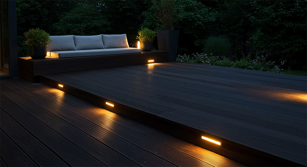 Minimalist outdoor deck with in-floor LED lights casting warm beams upward
