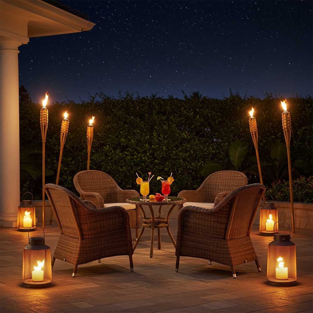 Patio ringed with tiki torches and outdoor mosquito repellent lanterns.