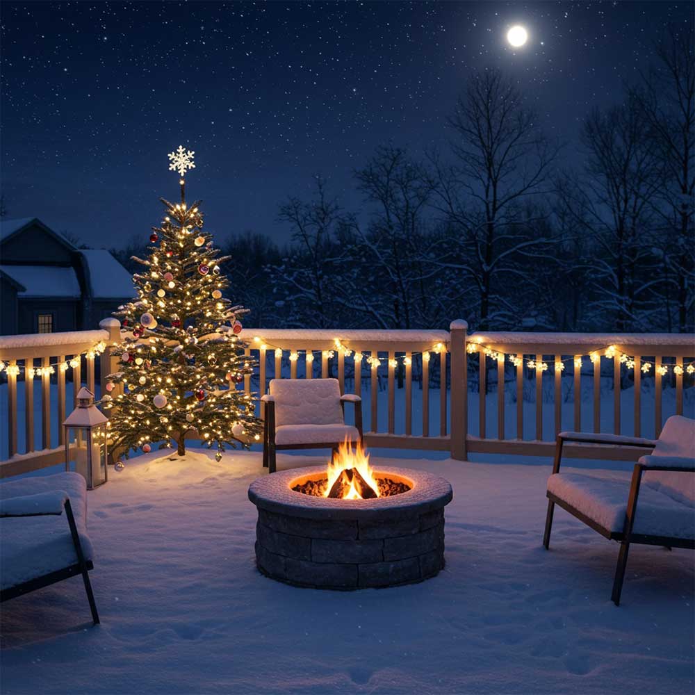 Winter patio covered in snow with glowing snowflake lights