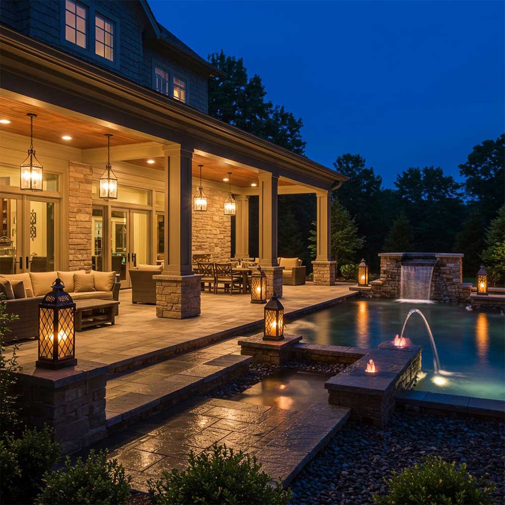 Full wide-angle photo of a luxury patio lit in layers: pendant lights, floodlights, lanterns, and glowing water features.